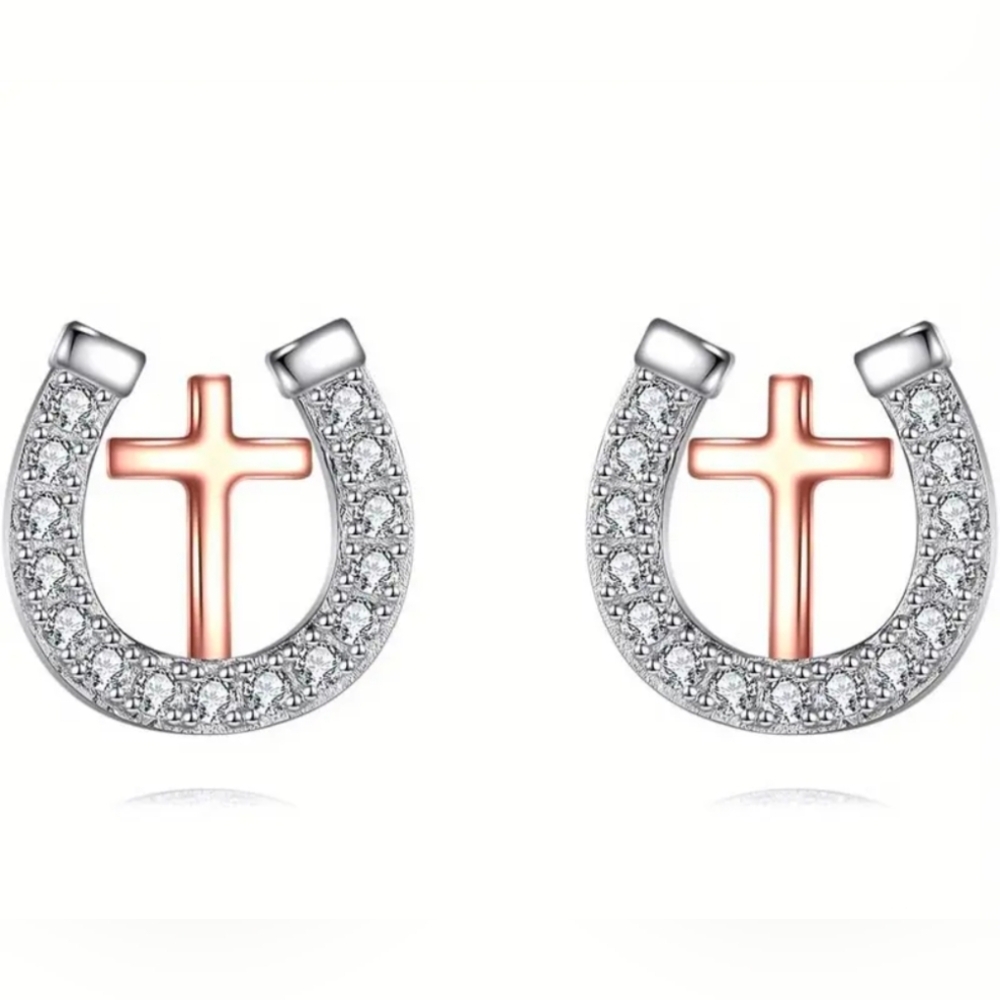Silver and Gold Cross Horseshoe Earrings Studs S925